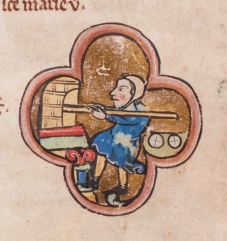 Bakker bakt brood in een oven, miniatuur in een 13e-eeuwse psalter, Openbare Bibliotheek Brugge